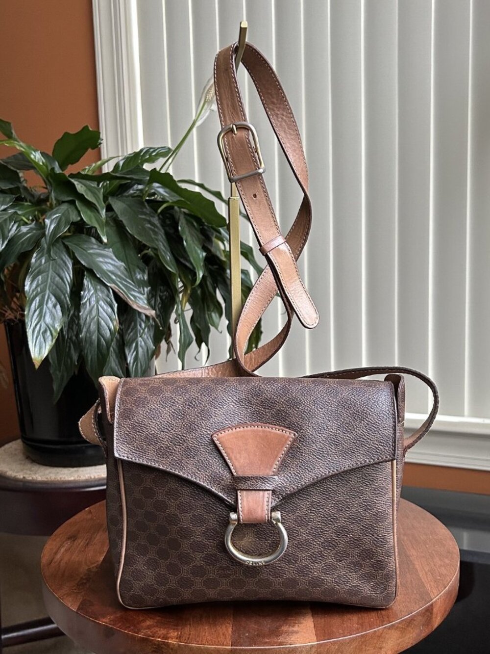 CELINE Macadam Crossbody Flap Bag, Brown, Tan